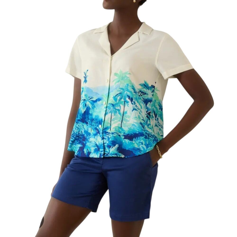 Tommy Bahama Oceanside Views Silk Camp Shirt Blue White Button Down Palm Medium